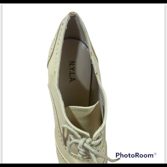N.Y.L.A Dazey Beige Wingtip Platform High Block Heel Pumps Oxfords Size… - Picture 6 of 9